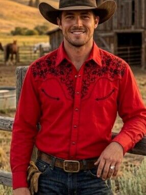 Vintage Larry Mahan Western Shirt Red Black Embroidered Snap Front Size XL